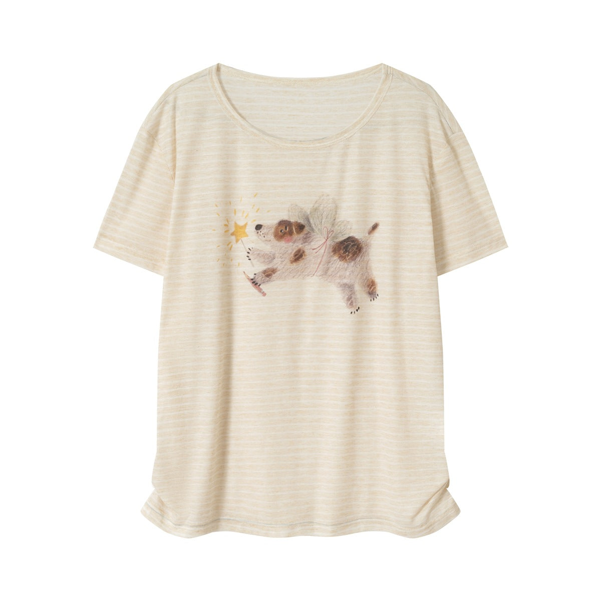 Beige striped short-sleeve T-shirt with a winged puppy and star wand print, flat front view