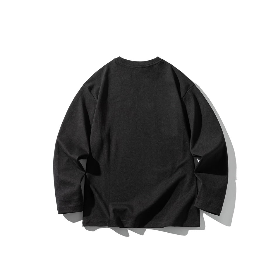Black long-sleeve crewneck top displayed flat against a white background.
