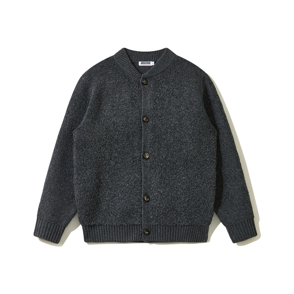 Dark gray textured knit button-front cardigan with ribbed stand collar, cuffs and hem, flat front view