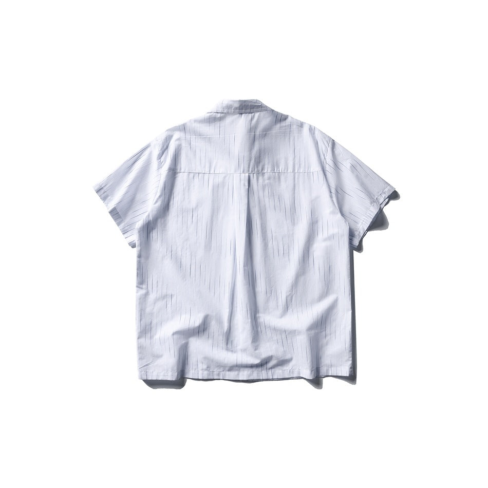 Back view of a white short-sleeve shirt with subtle vertical stripes and a horizontal yoke seam.