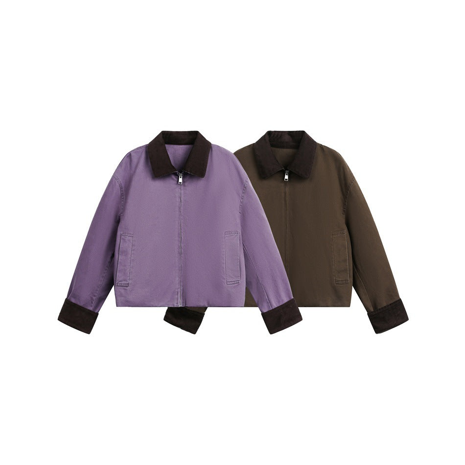 Two cropped zip jackets shown together: lavender and dark brown, each with a dark collar and cuffs.