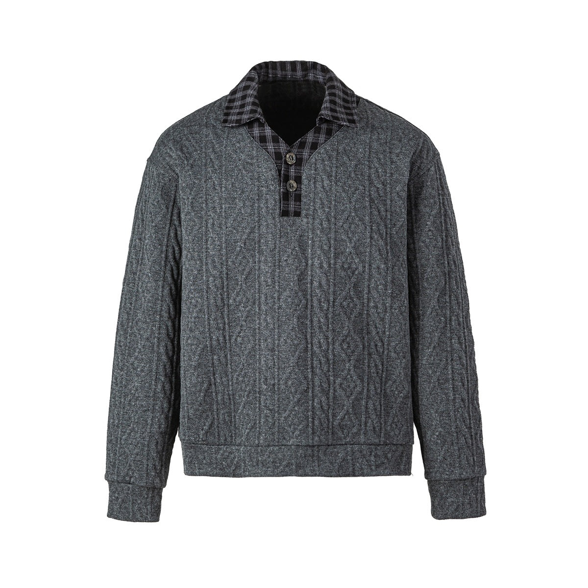 Gray cable-knit pullover with plaid collar, two-button placket, ribbed cuffs and hem, flat lay front view