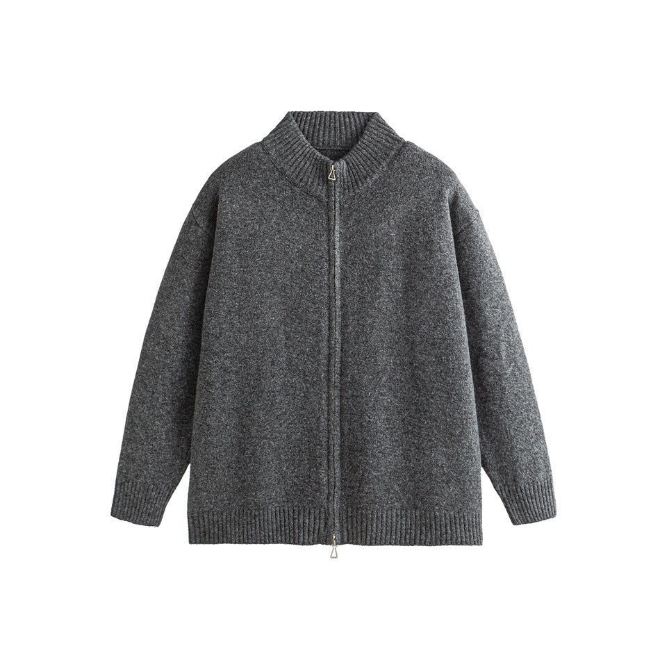 Dark gray heathered knit zip-up cardigan with ribbed stand collar and two-way zipper, flat lay