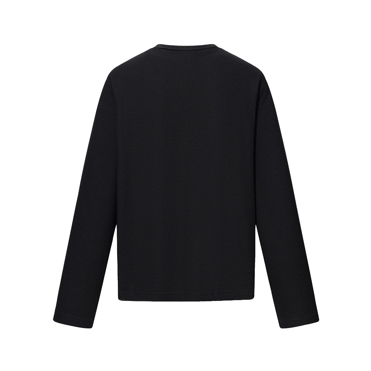 Back view of a plain black long-sleeve waffle-knit shirt.