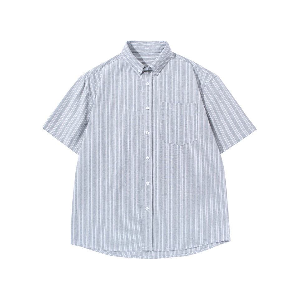 Gray and white vertical-striped short-sleeve button-down shirt with chest pocket, flat front view