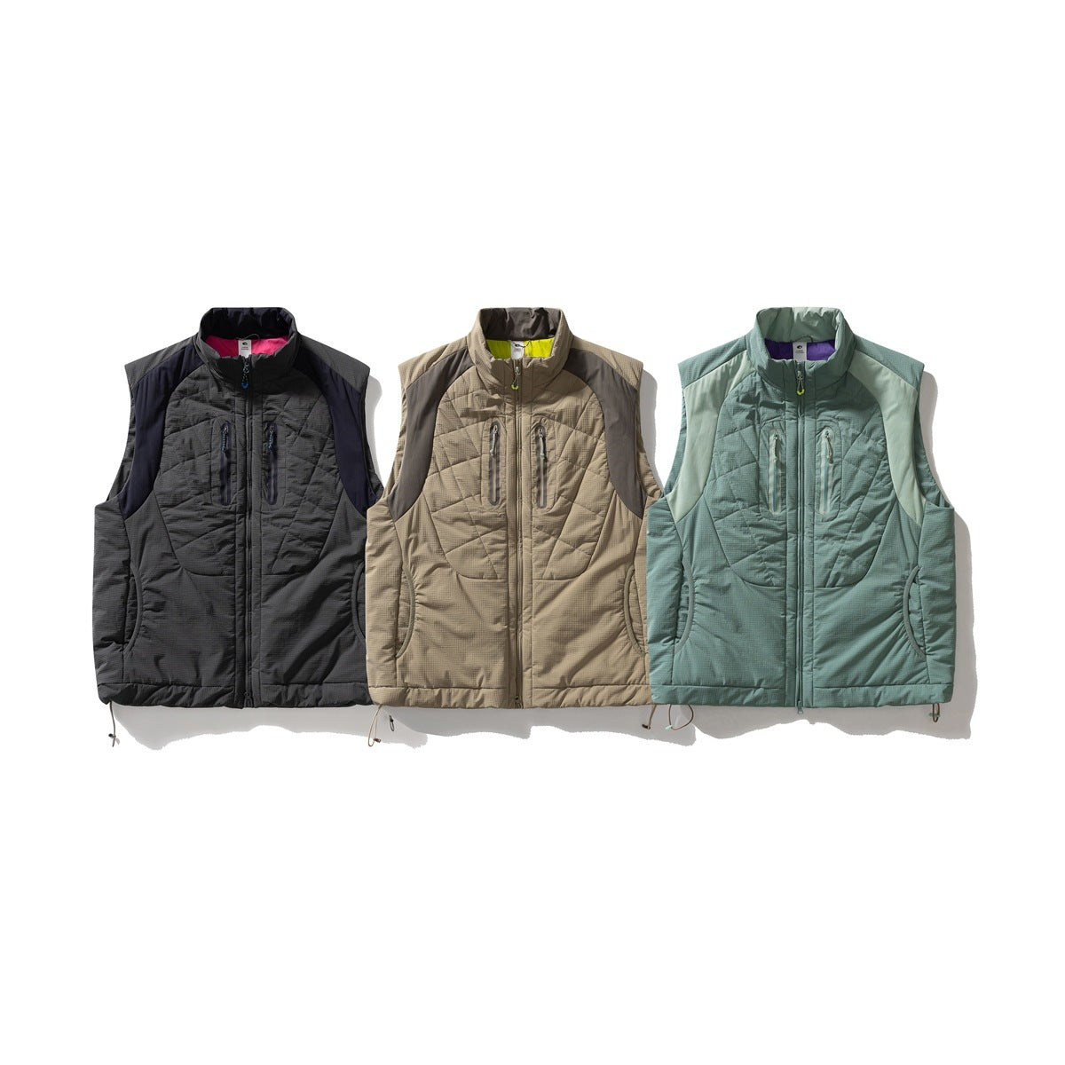 Three front-facing quilted sleeveless vests shown in charcoal, taupe, and muted teal.