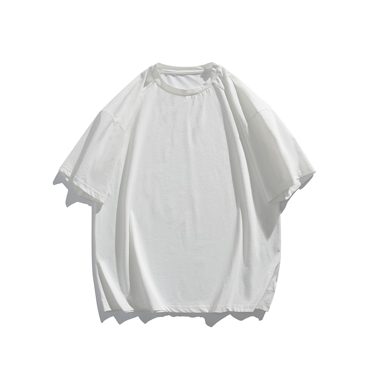 White short-sleeve crew neck T-shirt with dropped shoulders, flat lay front view