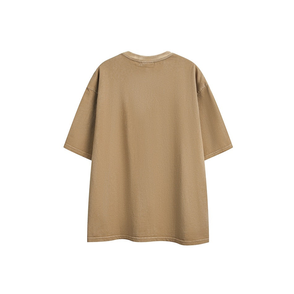 Back view of an oversized tan-brown short-sleeve crew-neck T-shirt against a white background.