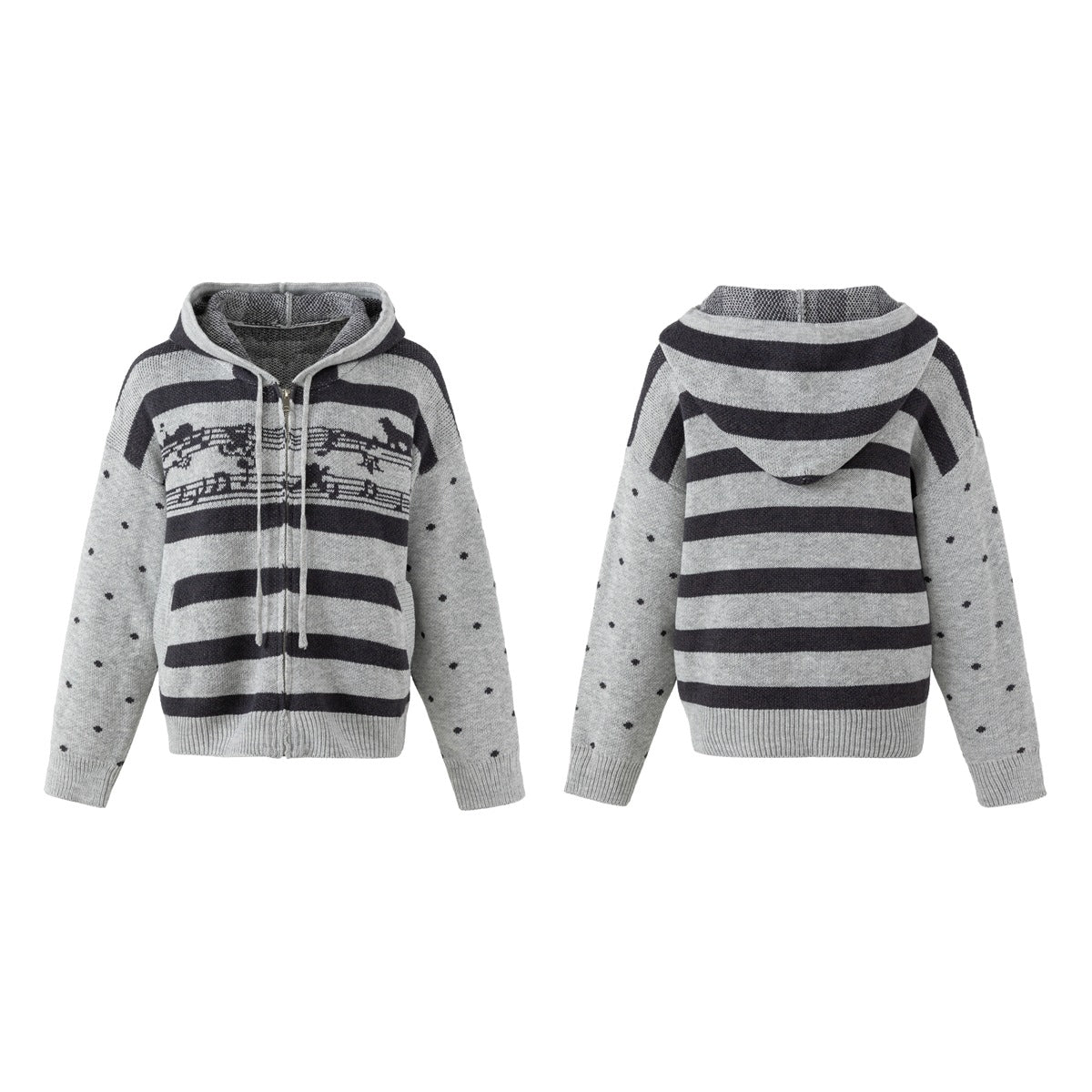 Gray hooded zip sweater shown from the front and back, with black stripes, a patterned chest band and dotted sleeves.