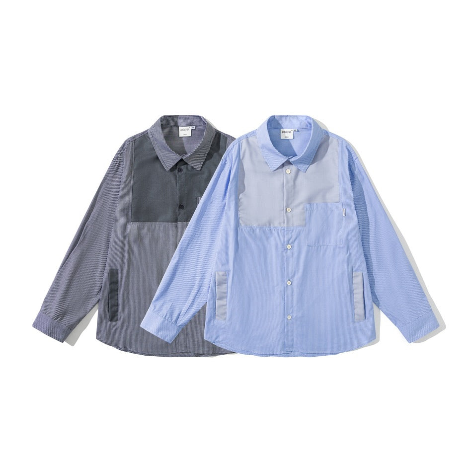 Two long-sleeve collared shirts shown from the front: one light blue and one charcoal gray, both with contrasting striped