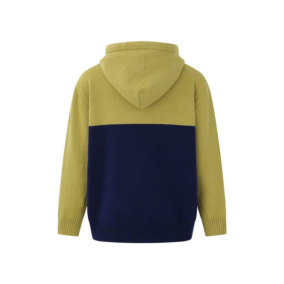 Back view of a mustard-yellow and navy color-block knitted hoodie with a hood and ribbed cuffs and hem.