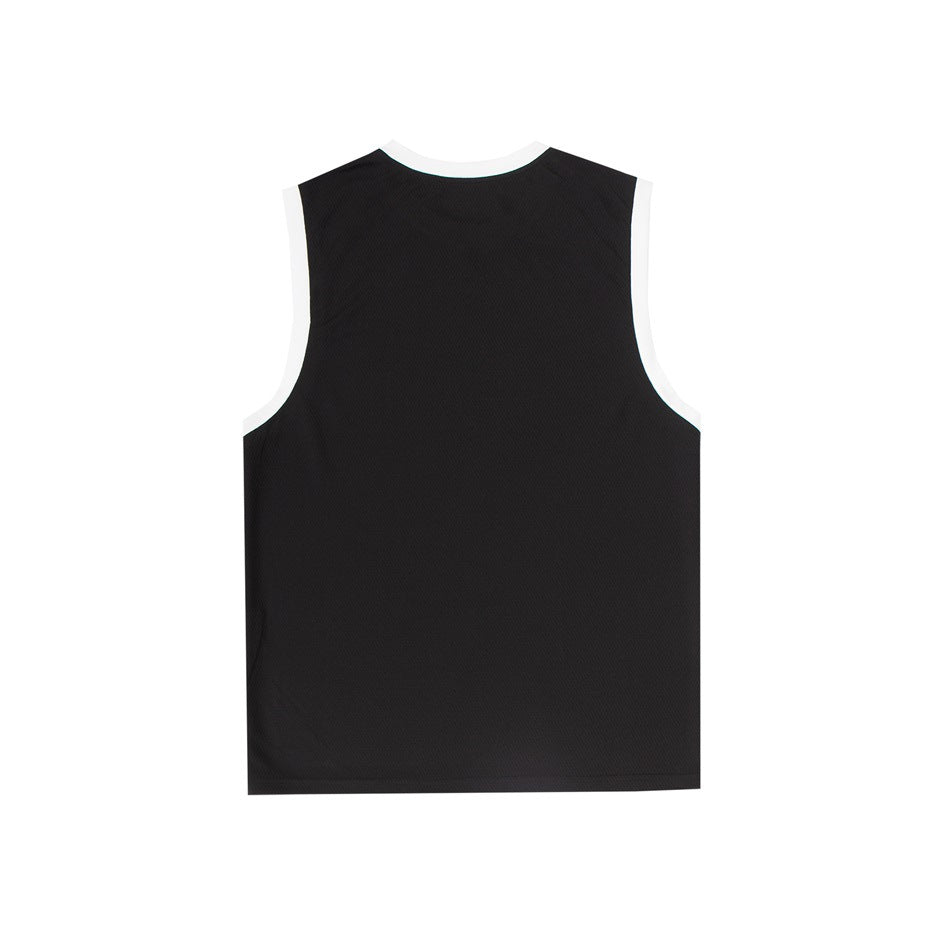Back view of a black sleeveless jersey top with white trim at the neck and armholes, laid flat.