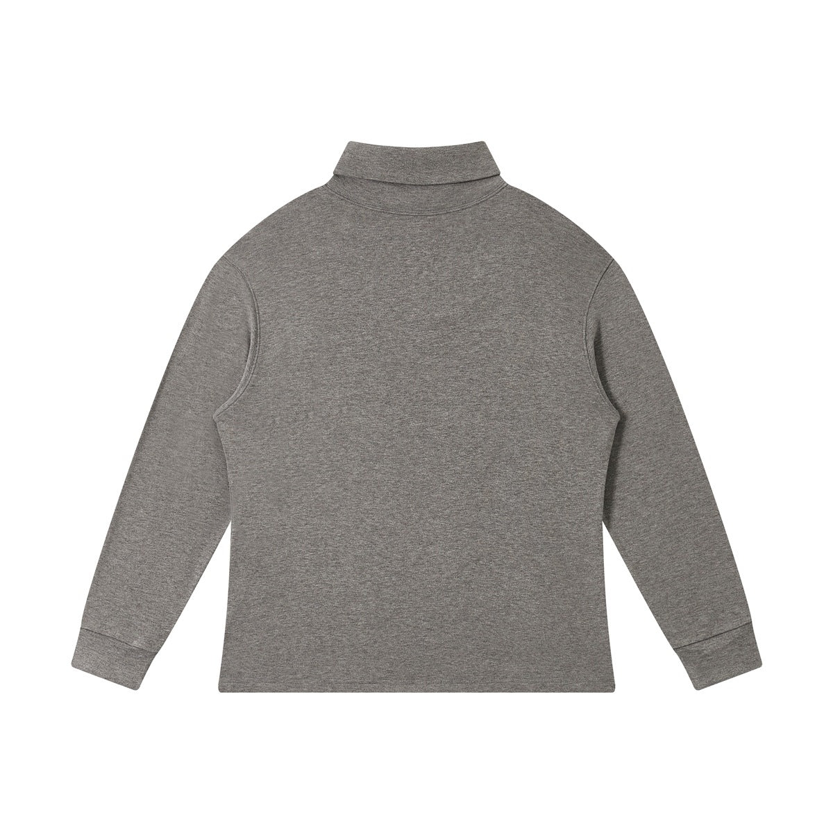 Back view of a plain heather gray long-sleeve top with a folded high collar, laid flat on white.