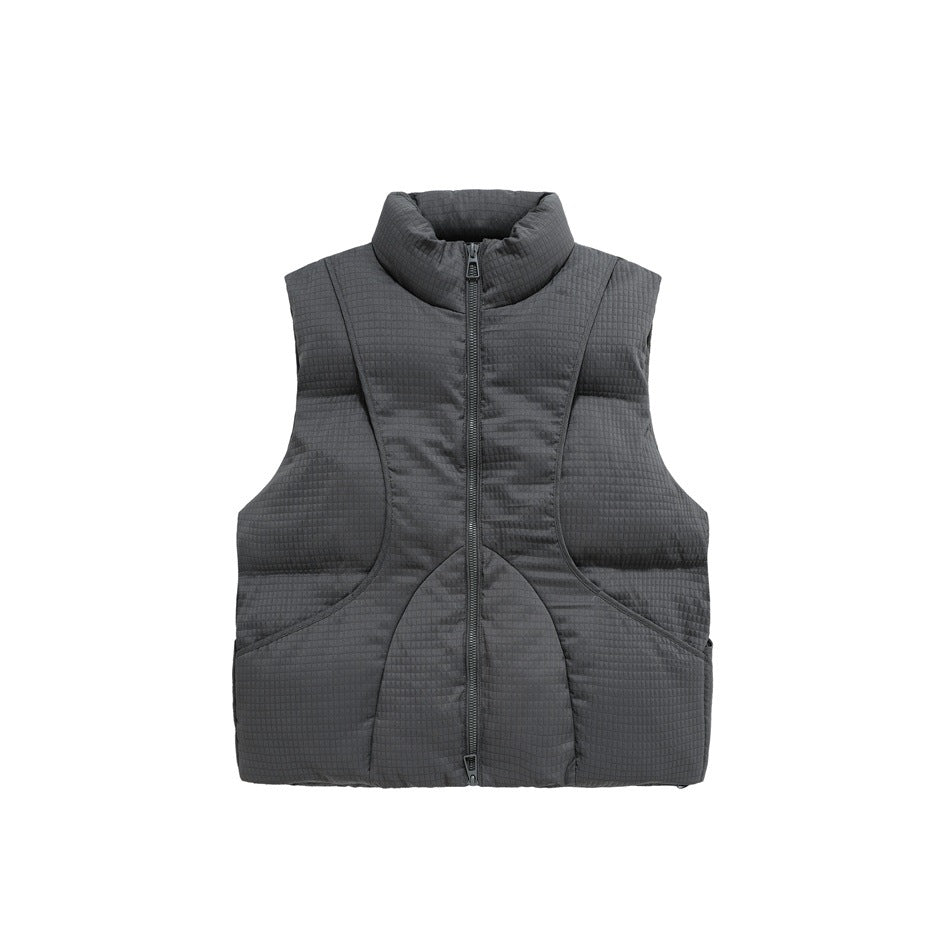 Dark gray waffle-textured puffer vest with stand collar and front zipper, shown flat from the front