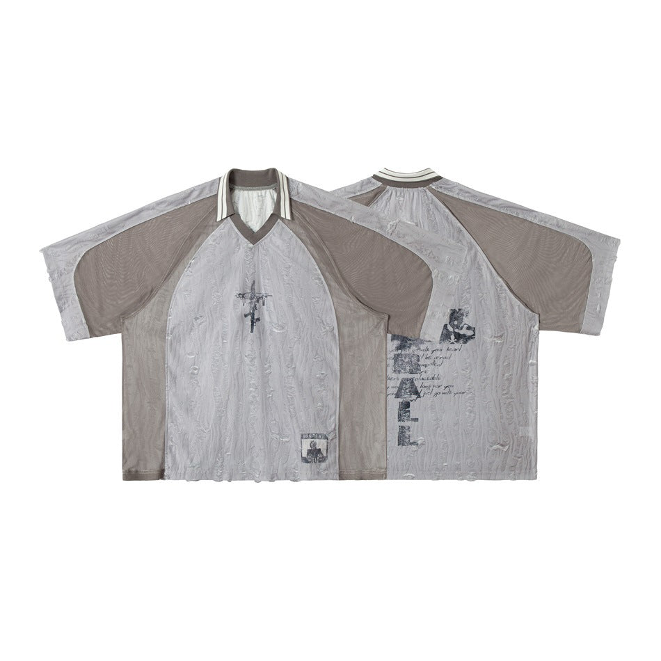 Front and back views of the same pale gray and taupe short-sleeve shirt displayed side by side.