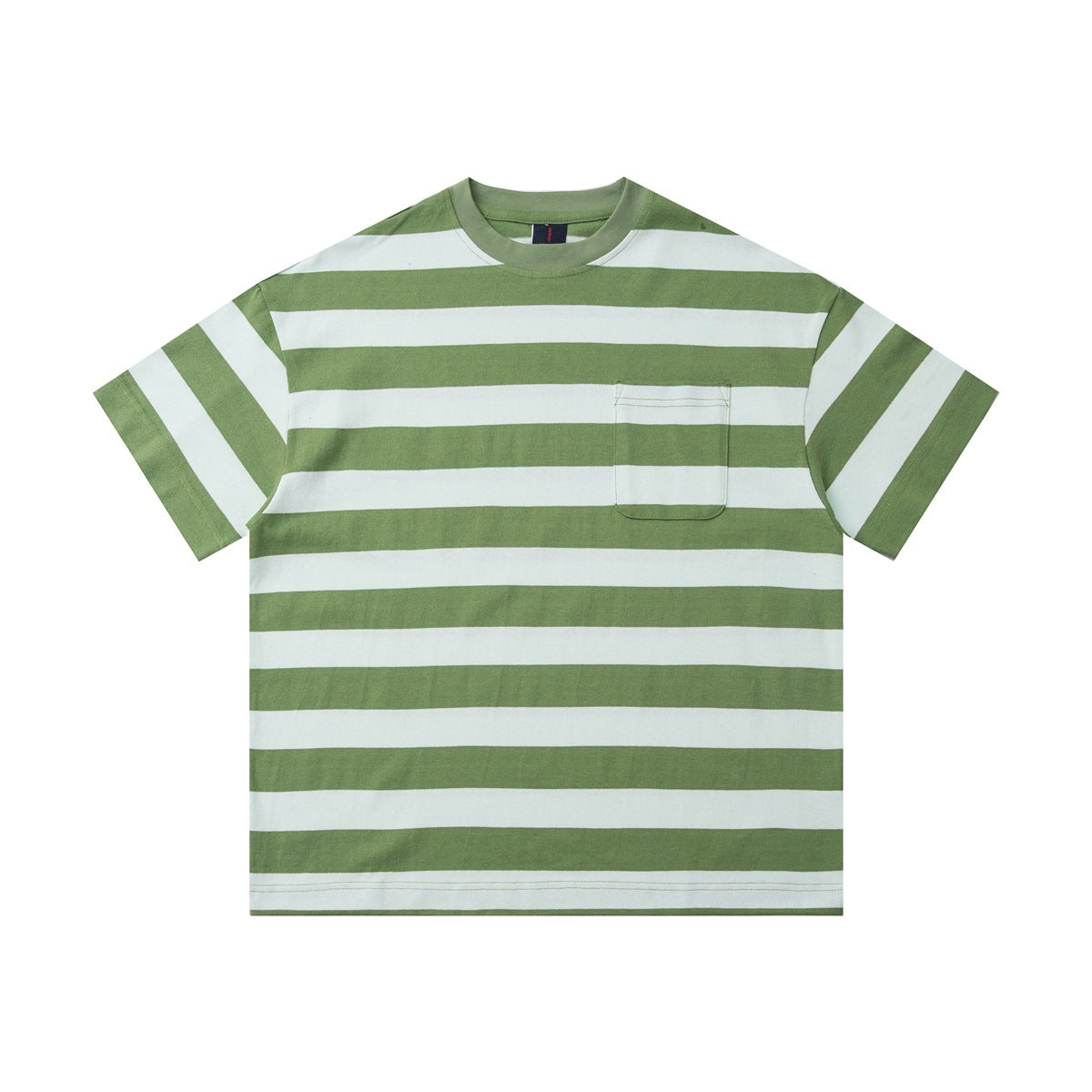 Green and off-white wide-striped short-sleeve crew-neck T-shirt with chest pocket, flat front view