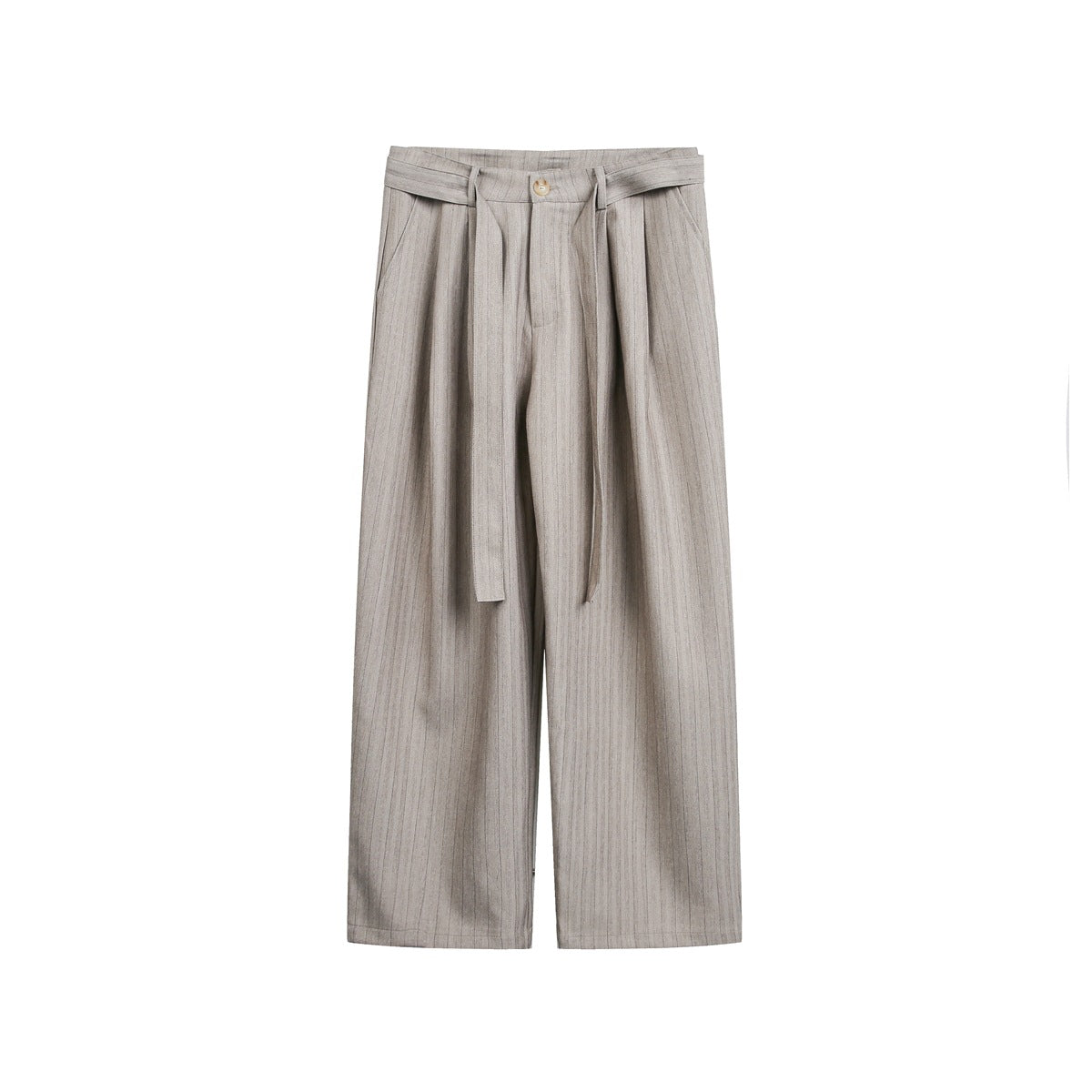 Khaki pinstriped wide-leg trousers with pleated waist, button front and long tie belt, flat front view