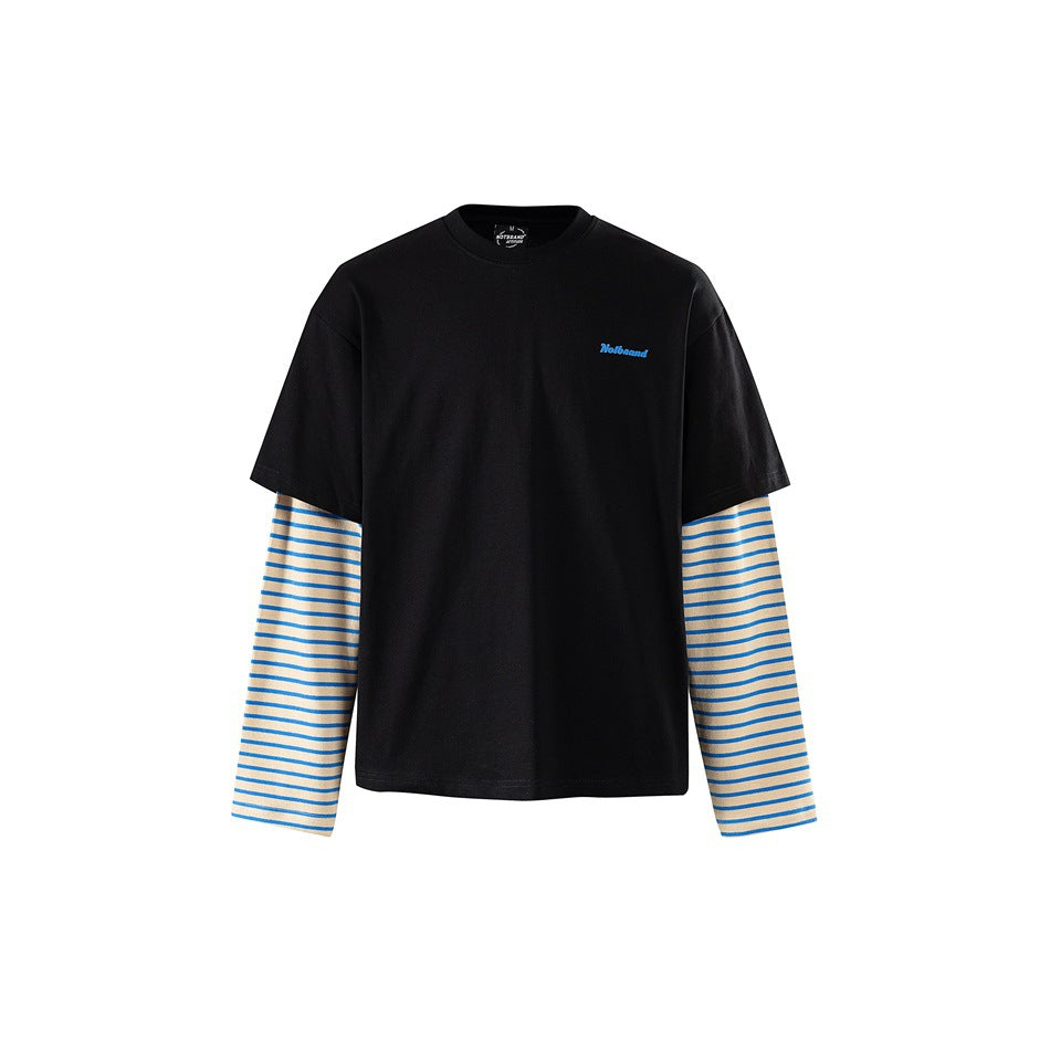 Black crew-neck faux two-piece top with blue and cream striped long sleeves and a small blue chest logo, front view