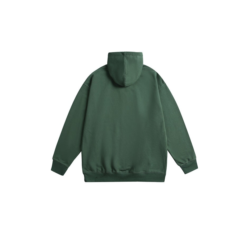 Back view of a plain dark green pullover hoodie with a hood, long sleeves, ribbed cuffs, and hem.