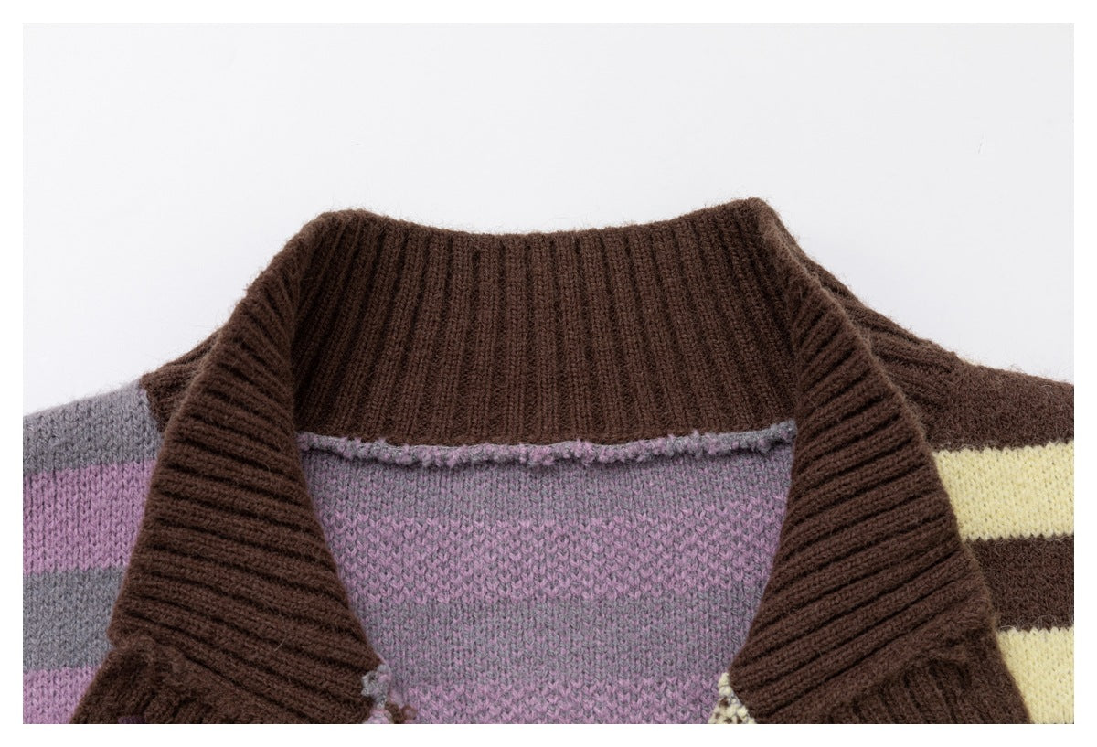 Close-up of a knit cardigan neckline with a wide dark brown ribbed collar and multicolored striped sections.