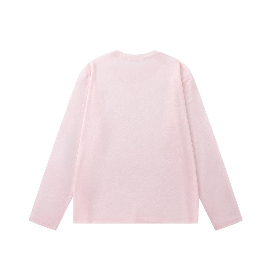 Pink long-sleeve crew neck tee, plain back view, flat lay