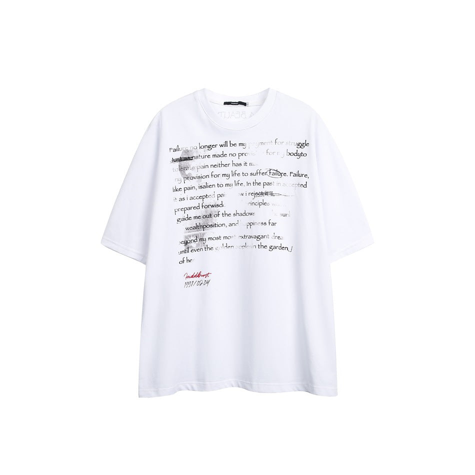 White oversized short-sleeve t-shirt with distressed black English text print and small red signature on the front