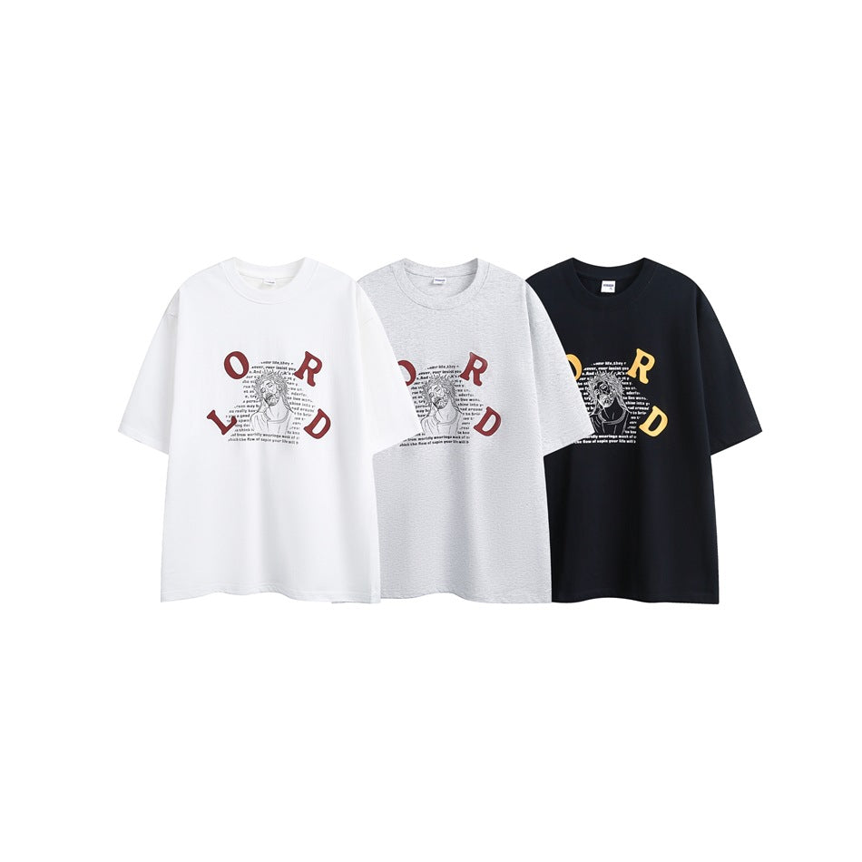 Three graphic T-shirts shown together in white, light gray, and navy colorways.