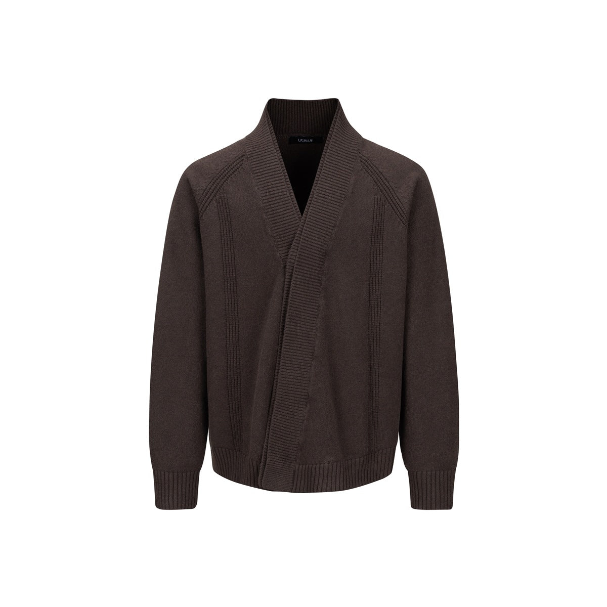 Dark brown knit cardigan with diagonal wrap front, ribbed shawl collar, raglan sleeves and ribbed hem, flat front view