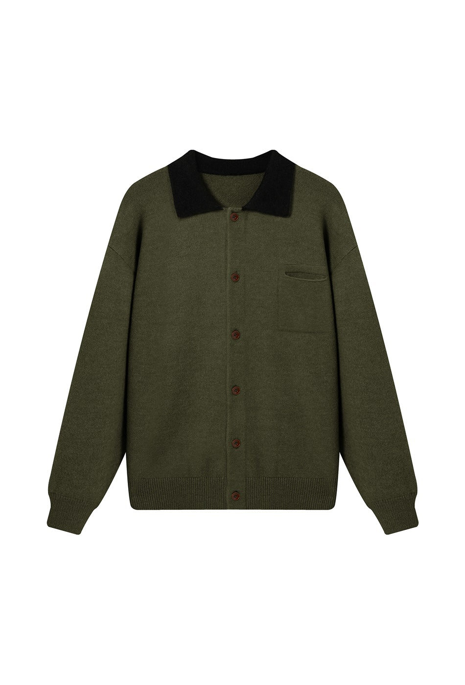 Olive green knit button-front cardigan with black contrast collar, brown buttons and chest pocket, flat front view