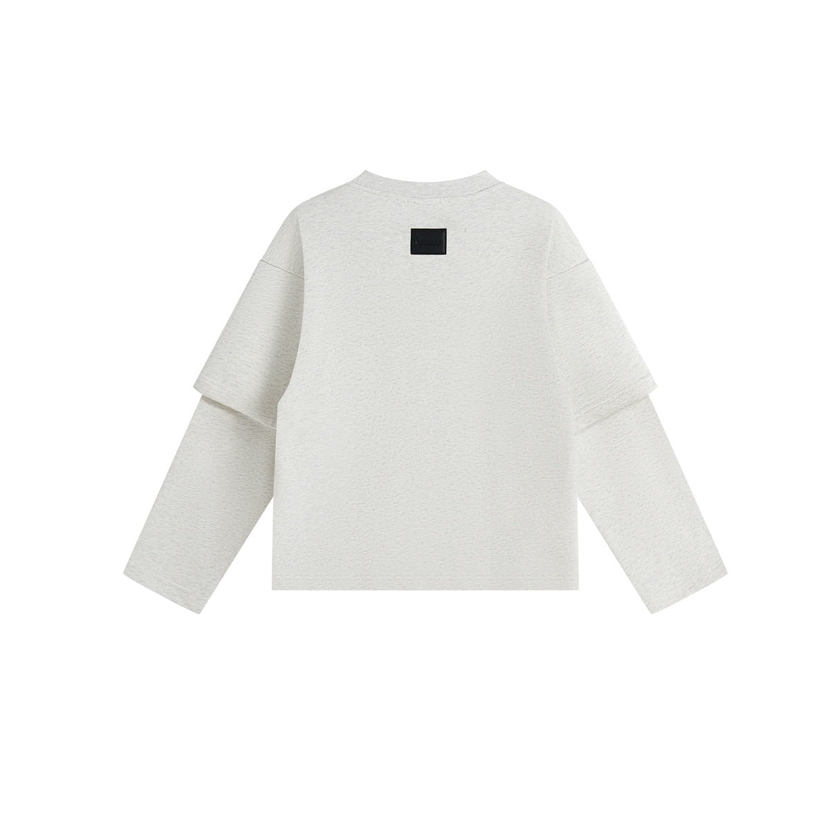 Back view of a light gray long-sleeve top with layered short sleeves and a small black patch below the collar.