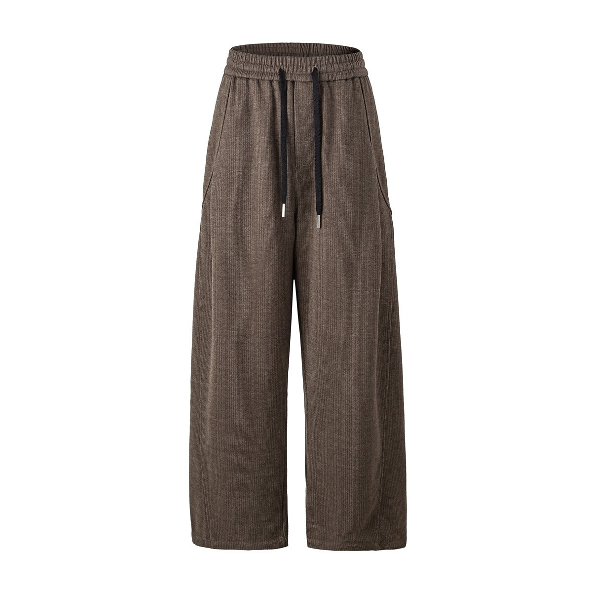 Brown wide-leg ribbed pants with elastic drawstring waist and curved side pockets, flat front view