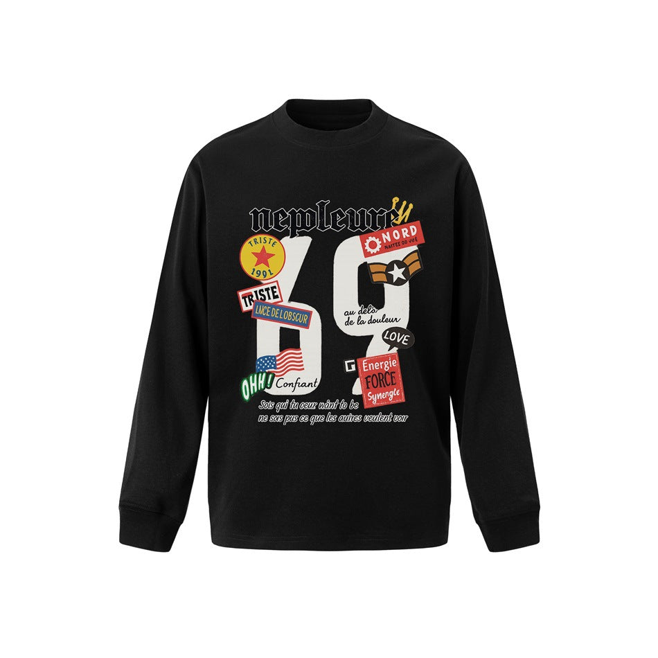 Black long-sleeve crew-neck top with large '69' graphic and colorful badge prints on the front