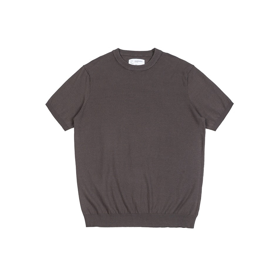 Gray short-sleeve crew neck knit top flat lay, front view, with ribbed neckline, cuffs and hem