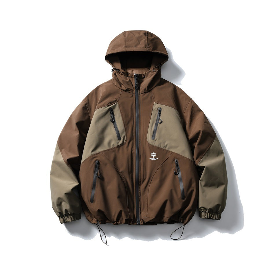 Brown hooded zip jacket with olive-khaki color-block panels, four zip pockets and drawcord hem, front flat lay