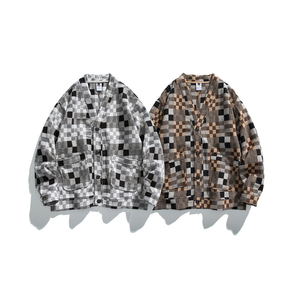 Two button-front patchwork-check cardigans shown side by side in gray and black, and brown and black colorways.