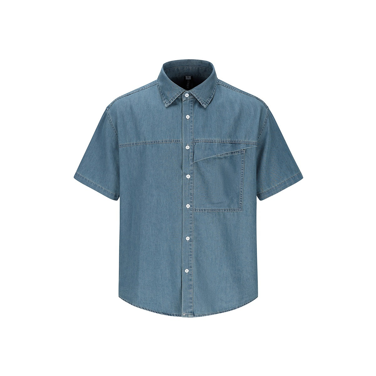 Washed blue short-sleeve denim-look button-up shirt with angled chest pocket, flat front view on white background