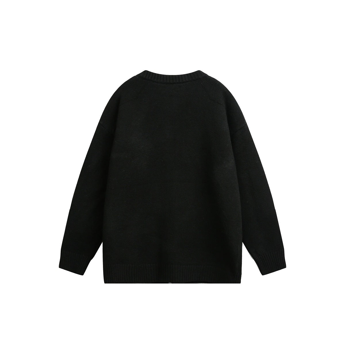 Back view of a black knit cardigan with long sleeves and ribbed collar, cuffs, and hem.