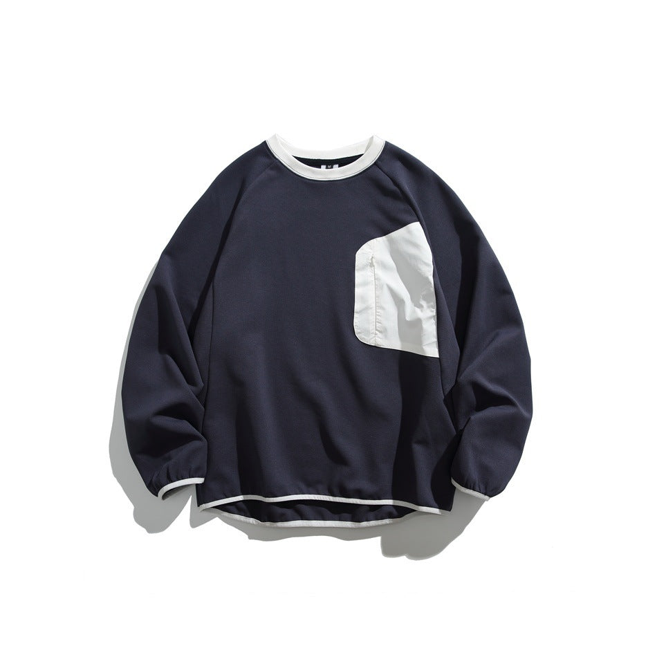 Navy blue crew-neck sweatshirt with white trim and a white chest pocket, flat lay front view