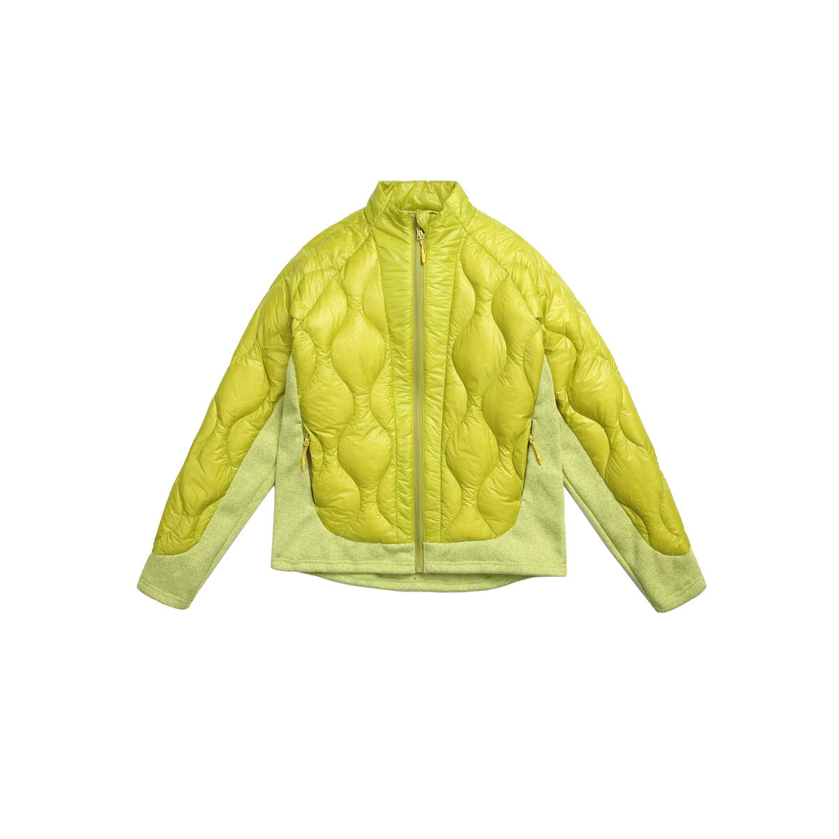 Yellow-green quilted stand-collar zip jacket with light green knit side panels and cuffs, front view