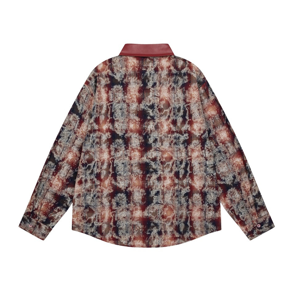 Back view of a long-sleeve button-up shirt in a burgundy, navy and cream abstract print, with a solid burgundy collar.