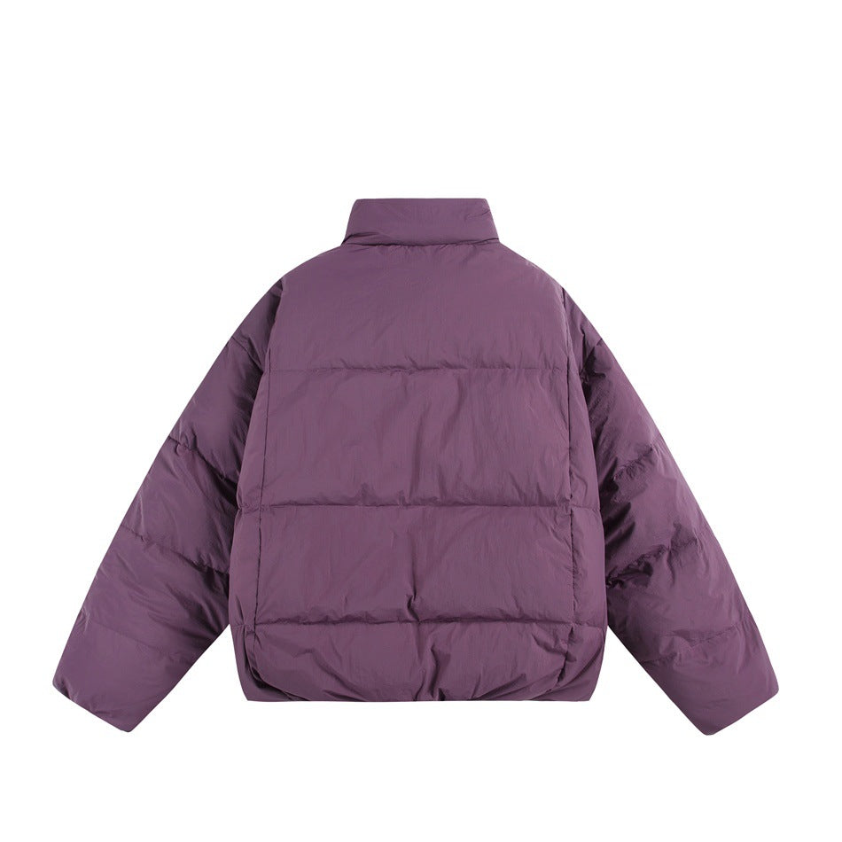 Back view of a plum padded jacket with a short stand collar and horizontal quilted panels.