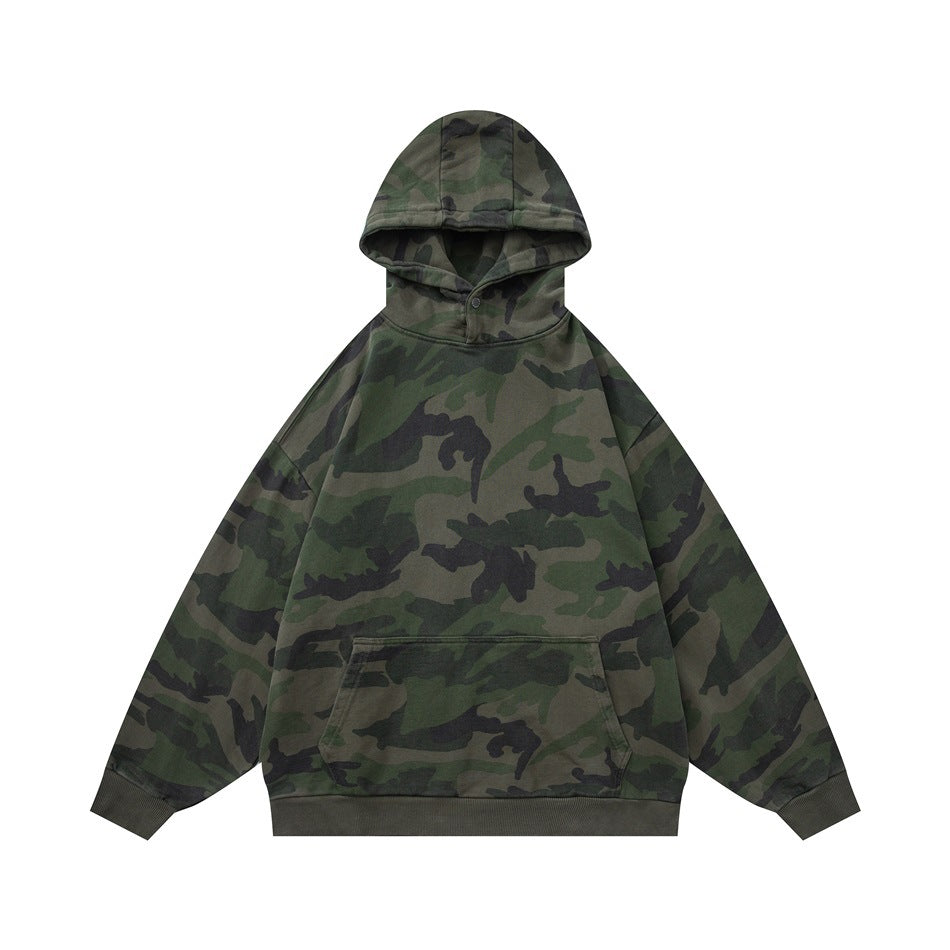 Green camouflage pullover hoodie flat lay, front view with hood, kangaroo pocket and ribbed cuffs and hem