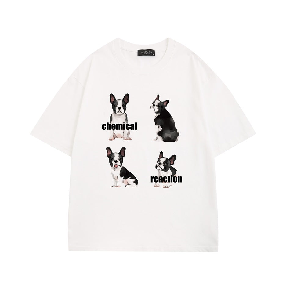 White short-sleeve crew-neck T-shirt with four dog illustrations and black chemical reaction text