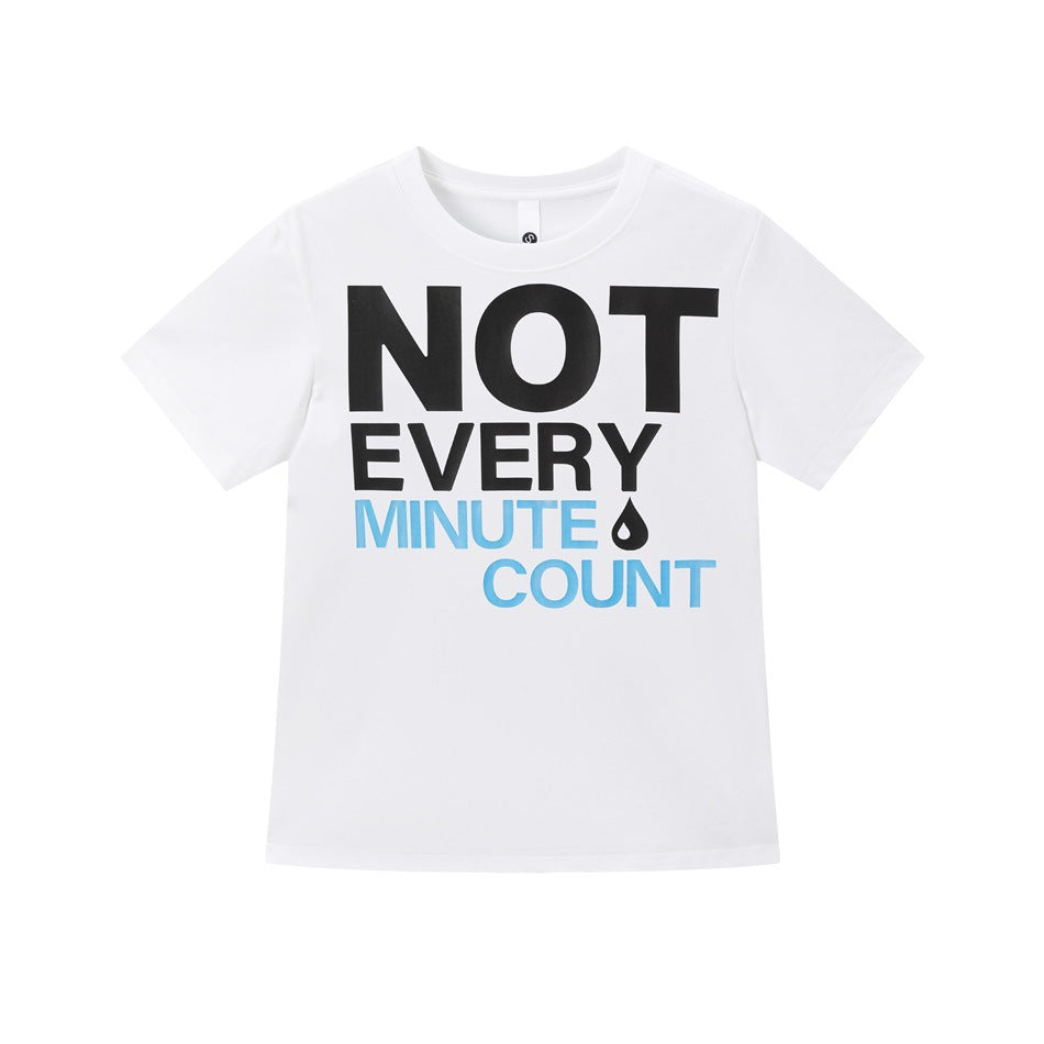 White short-sleeve crew-neck t-shirt with black and blue 'NOT EVERY MINUTE COUNT' slogan print and droplet