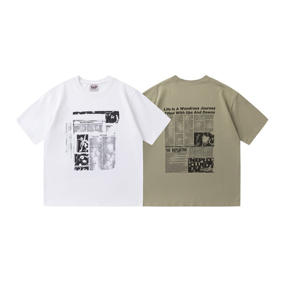 White T-shirt shown from the front and khaki T-shirt shown from the back, both with black newspaper-style graphics.