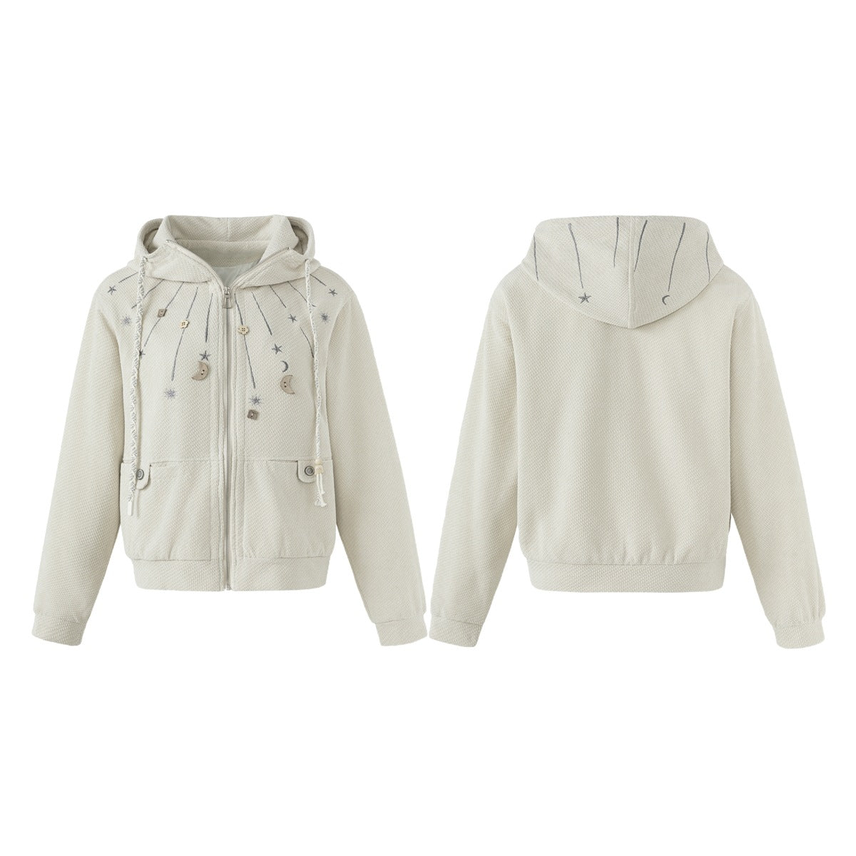 Ivory zip hoodie shown from front and back, with a hood, front pockets, and gray star and moon details.