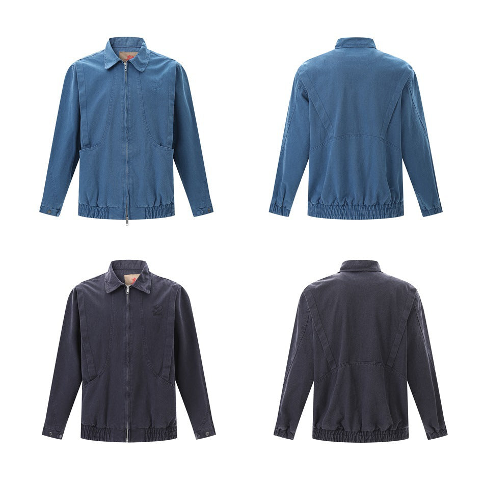 Product collage showing blue and charcoal jackets, with front and back views of each color.