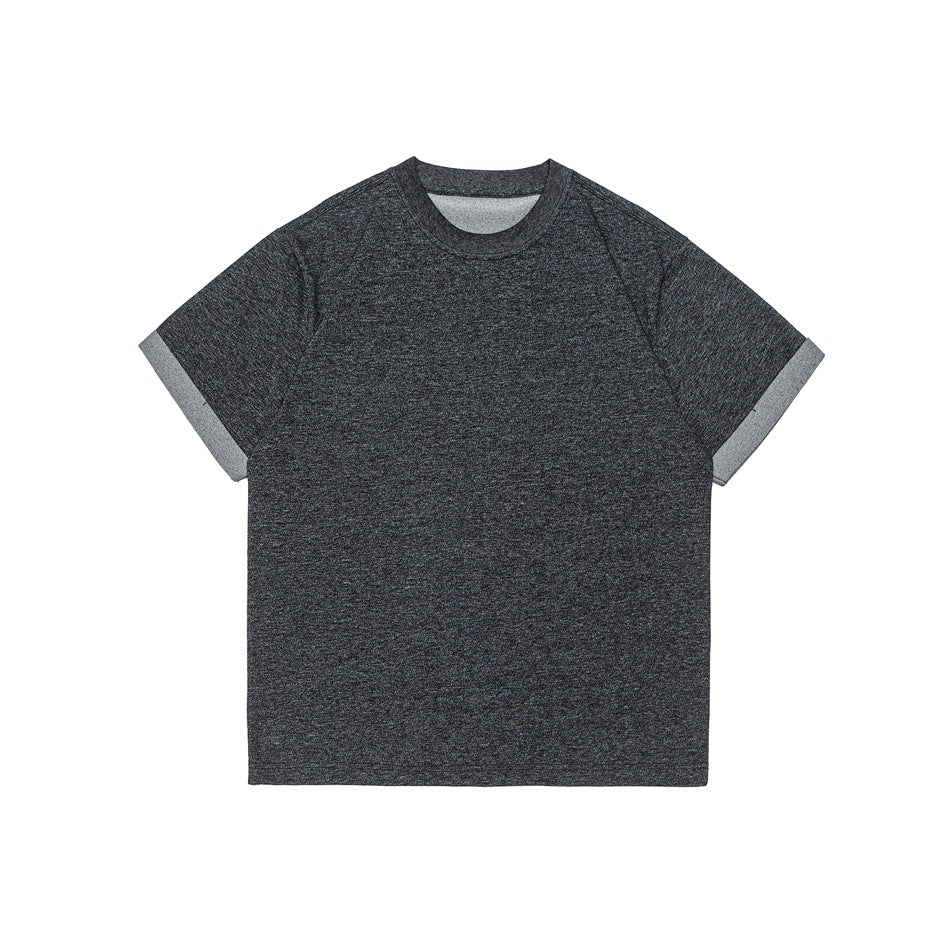 Black charcoal heathered short-sleeve crew-neck T-shirt, front view, with rolled lighter gray sleeve cuffs
