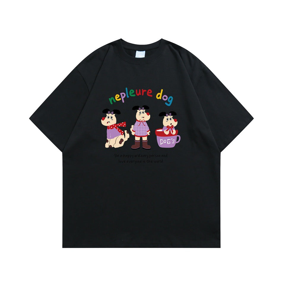 Black short-sleeve crew-neck T-shirt with colorful cartoon dogs and 'nepleure dog' print on the chest, flat lay