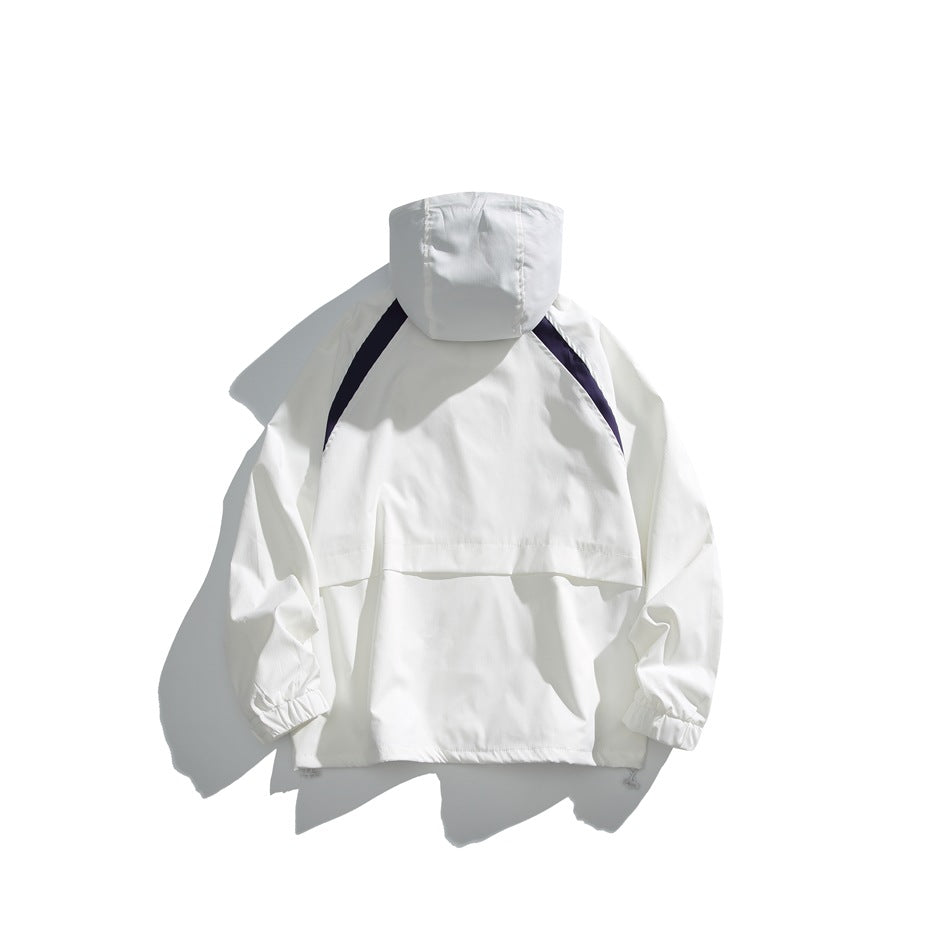 Back view of a white hooded pullover jacket with dark shoulder accents and elastic cuffs, laid flat.